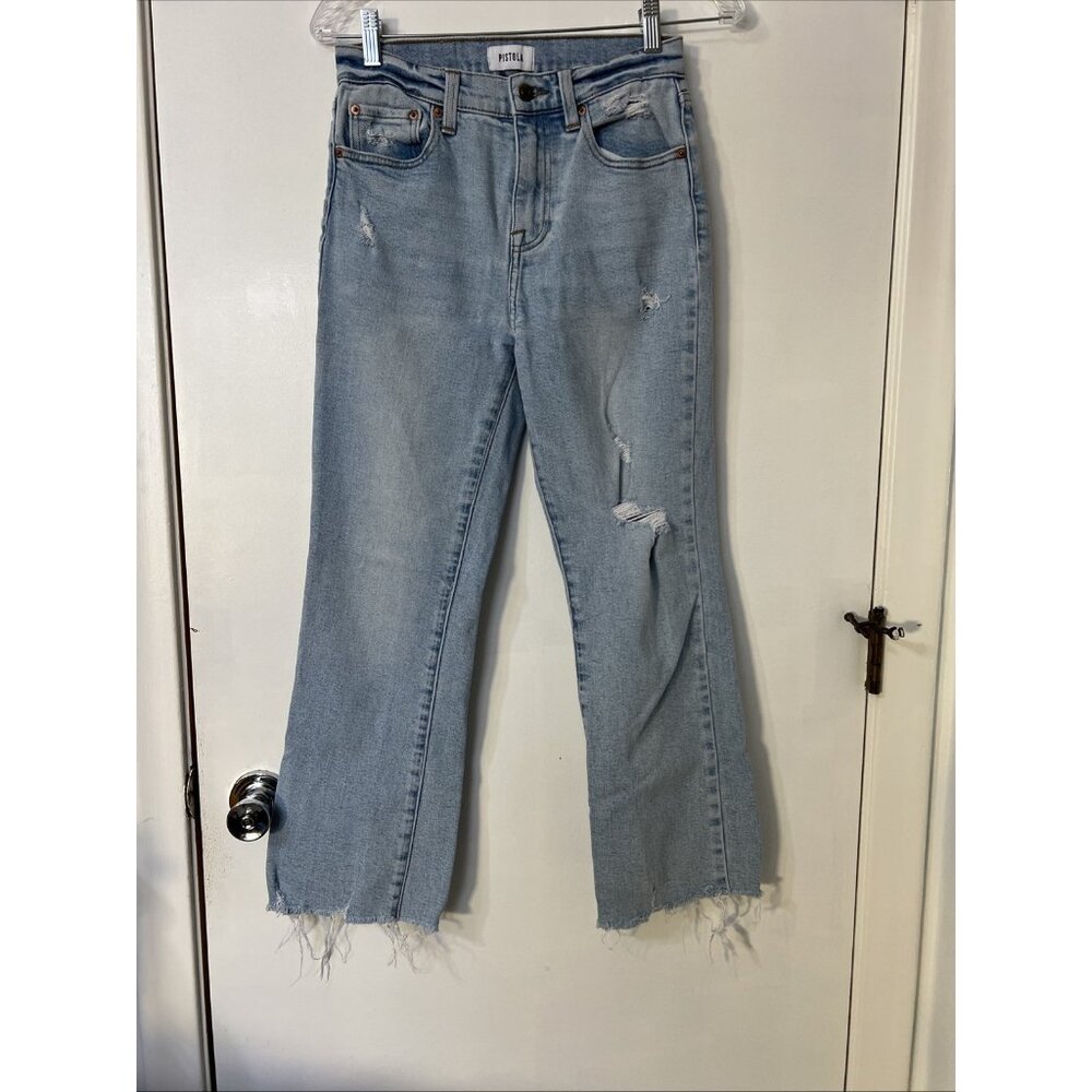 PISTOLA P6088AAL-FON Distressed Straight Leg Raw Hem Denim Blue Jeans Sz 26‎